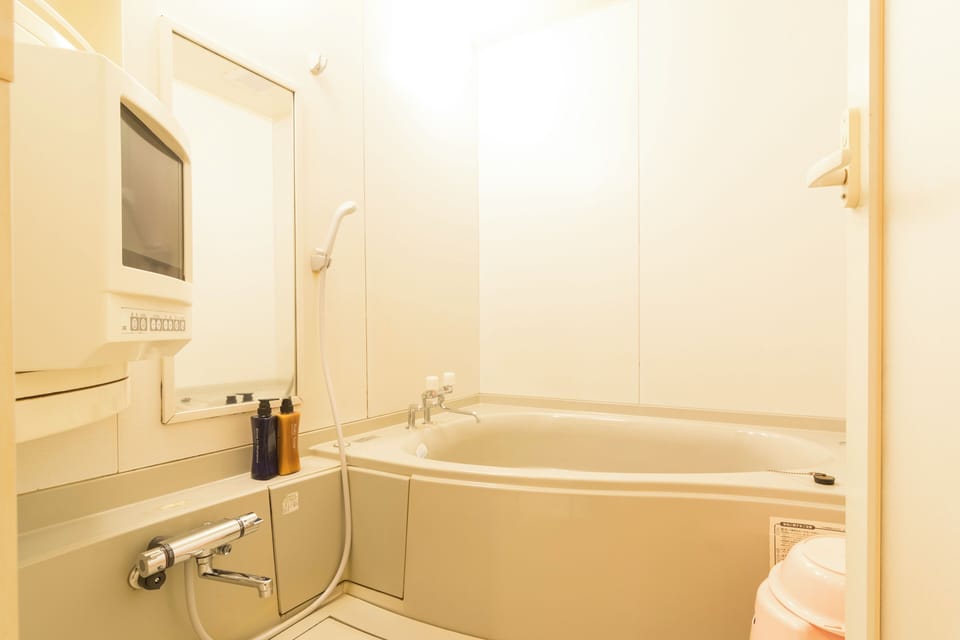 Hair dryer, bidet, towels, shampoo