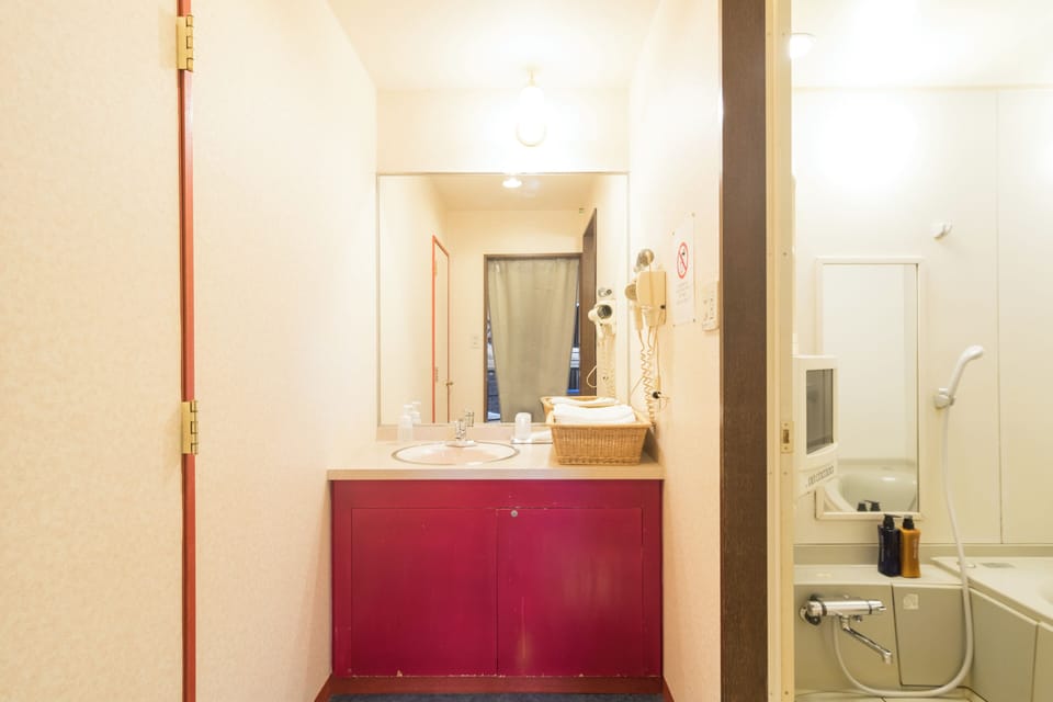 Hair dryer, bidet, towels, shampoo
