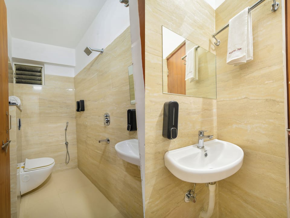 Shower, free toiletries, hair dryer, slippers
