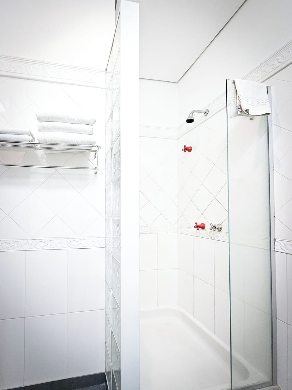 Separate tub and shower, hair dryer, towels, soap