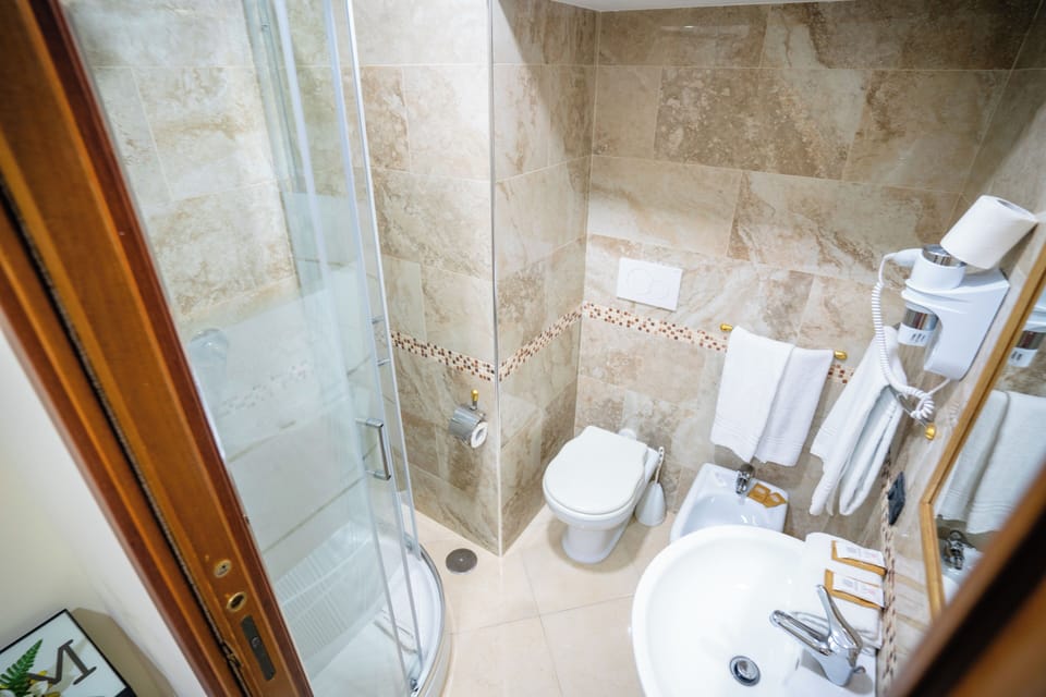 Shower, hair dryer, bidet, towels