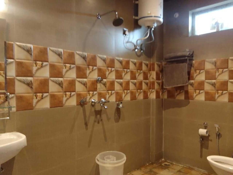 Shower, towels, soap, toilet paper