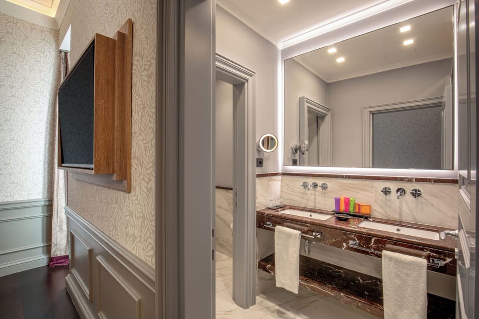 Hair dryer, slippers, towels, soap