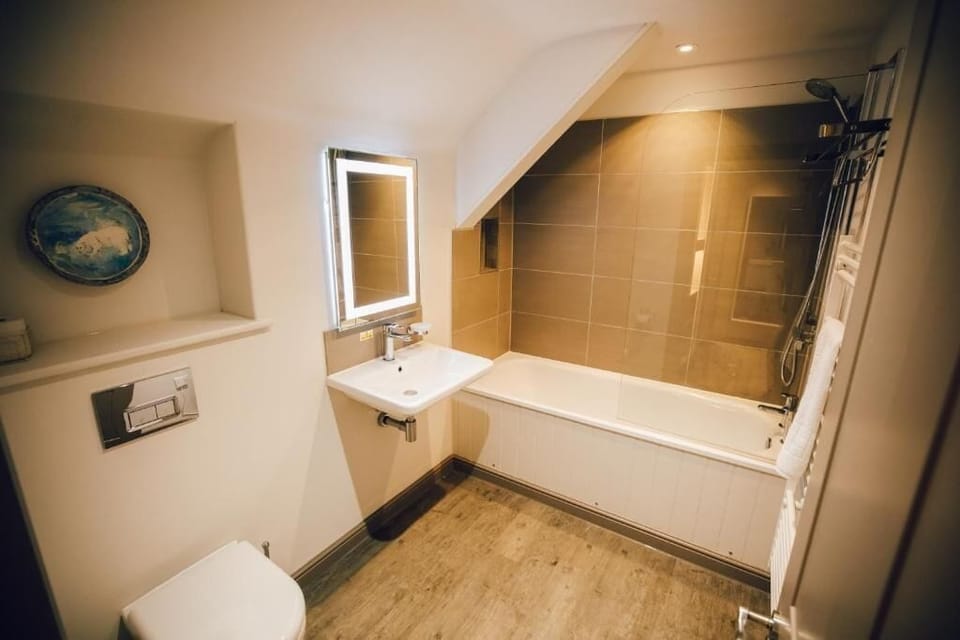 Shower, hair dryer, towels, toilet paper