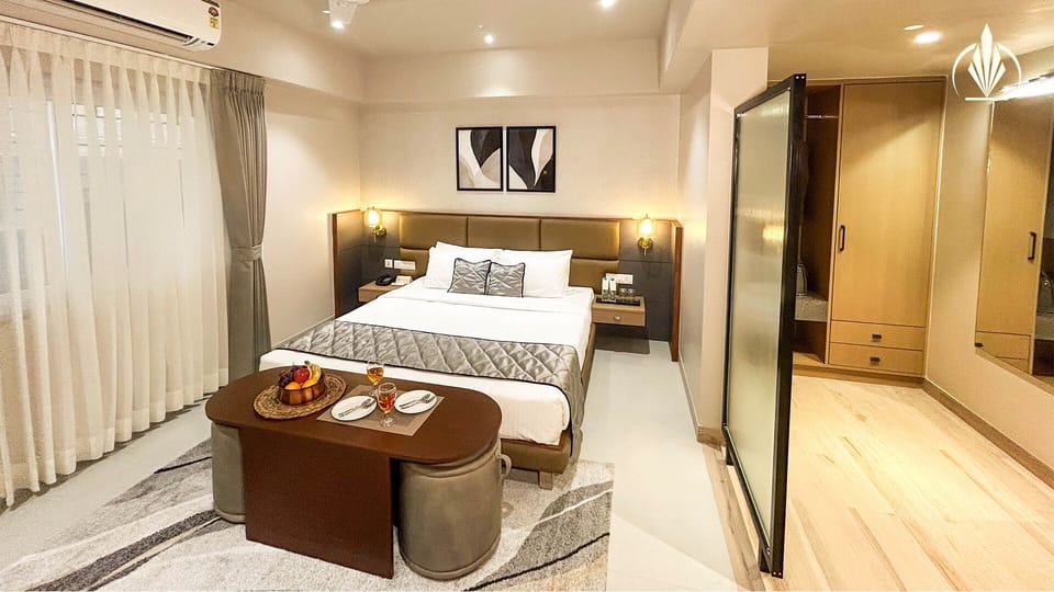 Premium bedding, memory foam beds, desk, laptop workspace