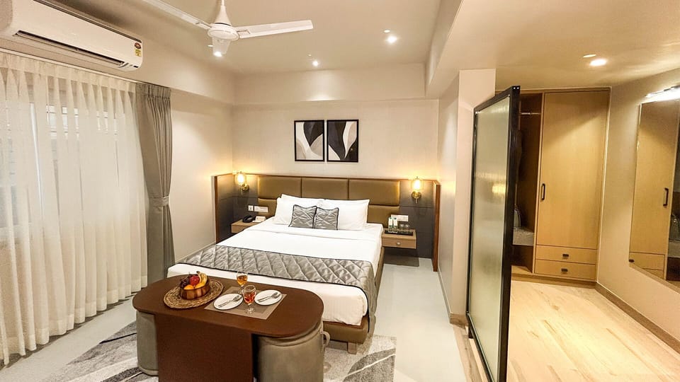 Premium bedding, memory foam beds, desk, laptop workspace