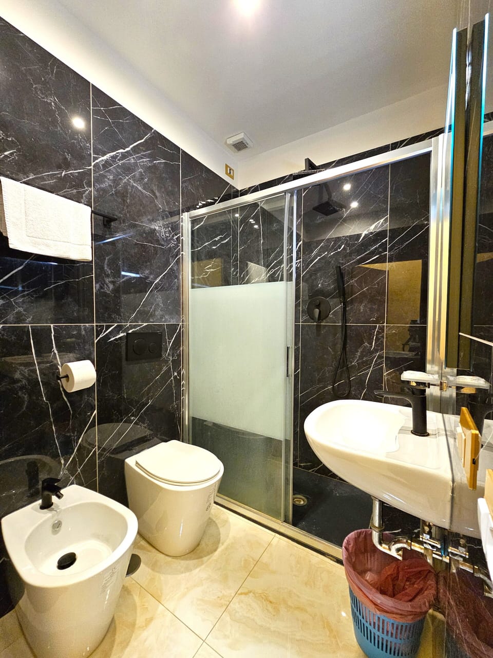 Shower, free toiletries, hair dryer, bidet
