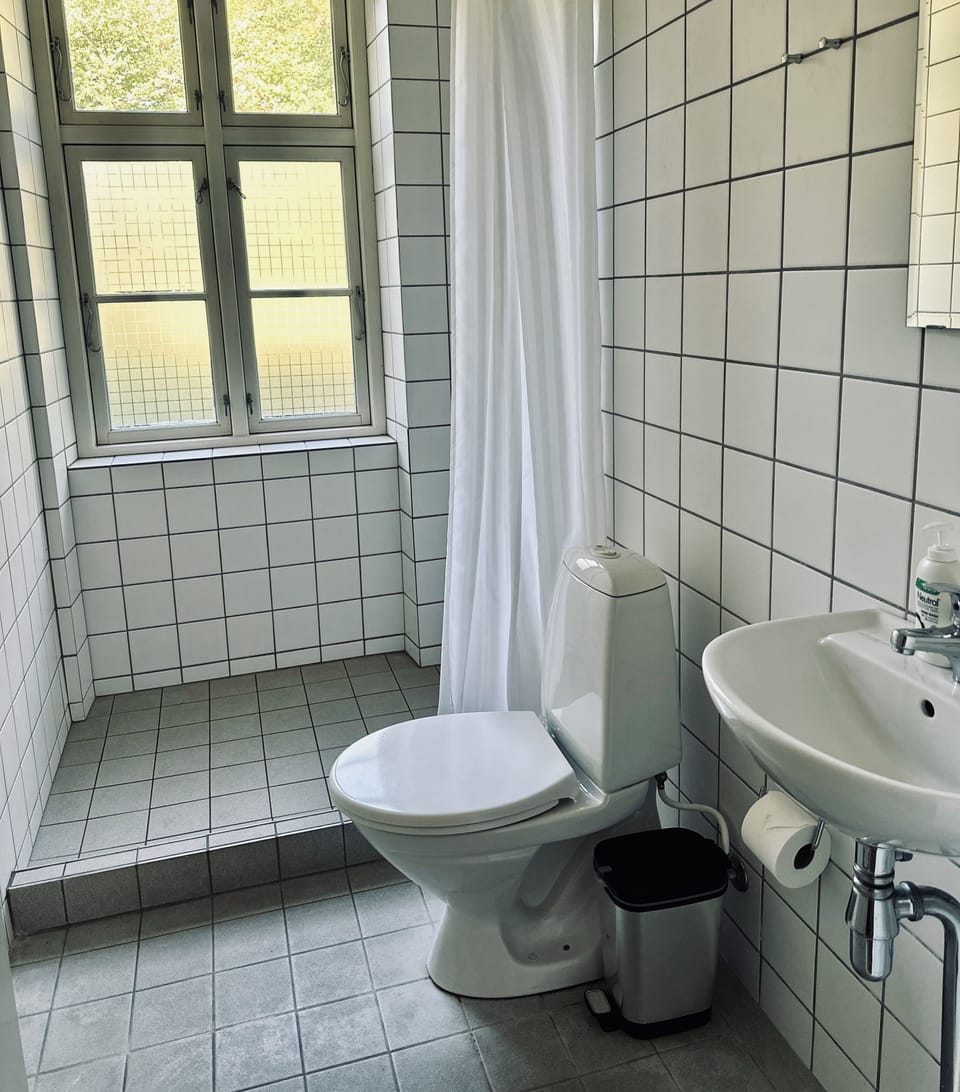 Shower, free toiletries, towels, soap