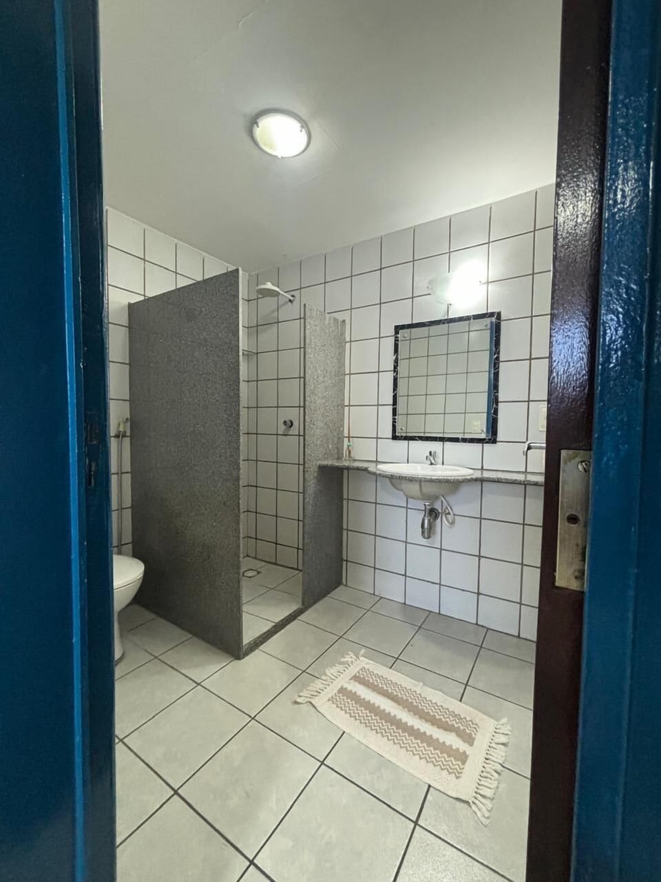 Rainfall showerhead, towels, soap, toilet paper