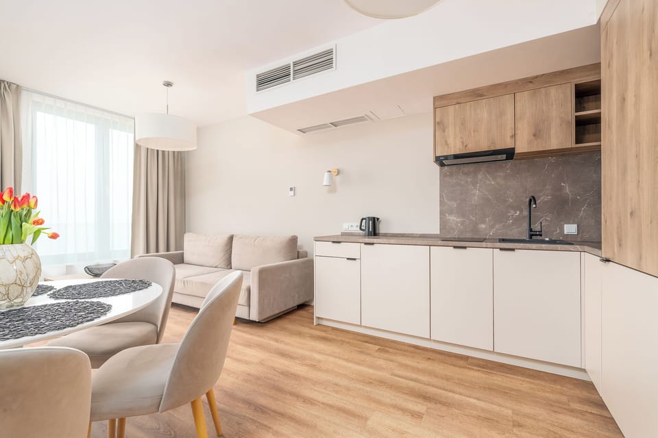 Deluxe Apartment, Balcony, Sea View | Private kitchen | Full-size fridge, stovetop, electric kettle, cookware/dishes/utensils