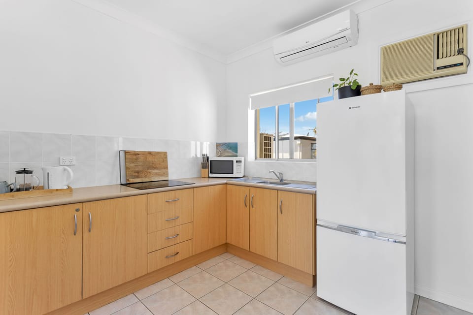 Full-size fridge, microwave, stovetop, espresso maker