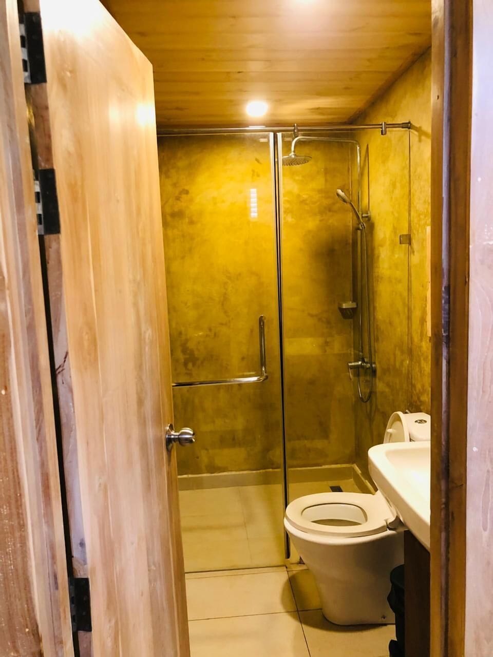 Shower, towels, soap, toilet paper