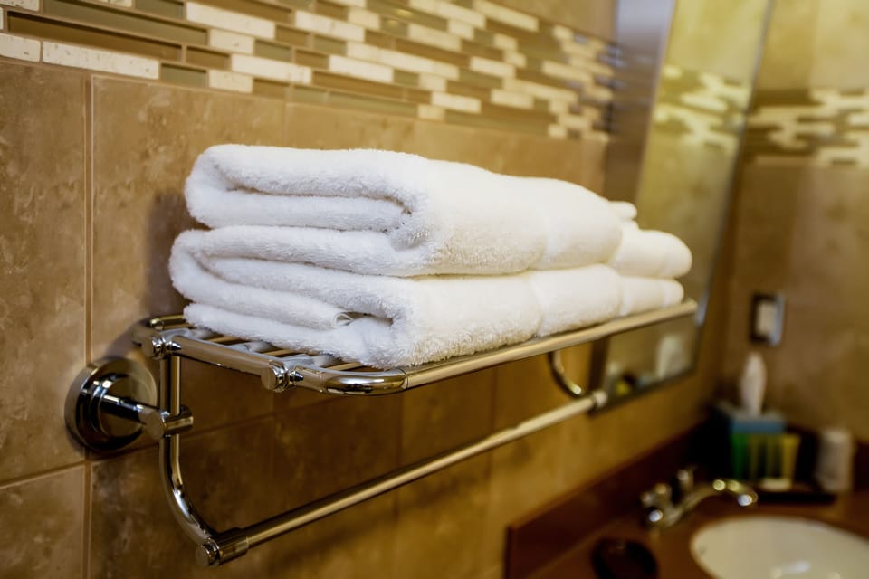 Combined shower/tub, deep soaking tub, free toiletries, hair dryer