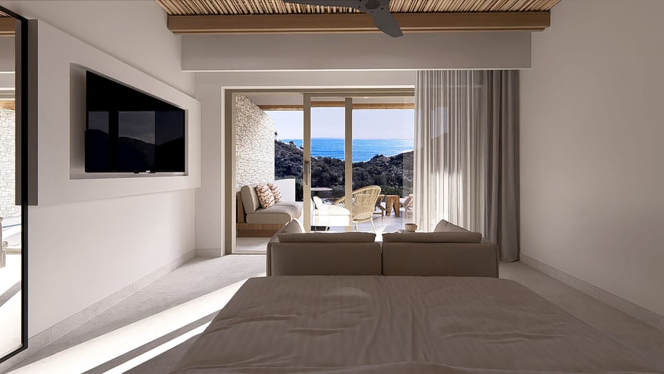 Blue Junior Suite Sea View Private Pool | In-room safe, desk, blackout drapes, bed sheets