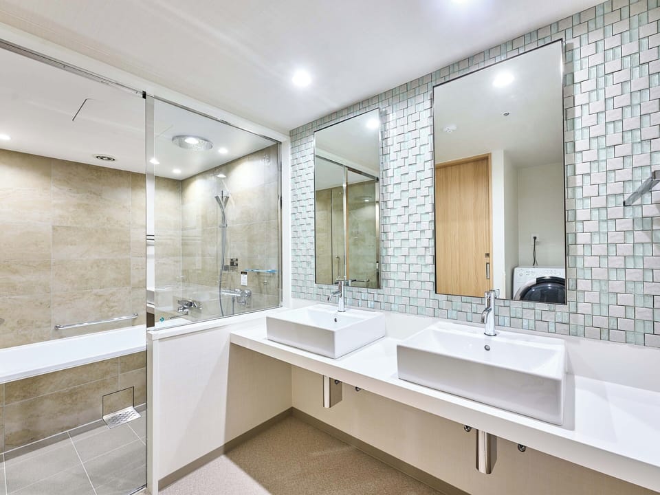 Hair dryer, slippers, towels, shampoo