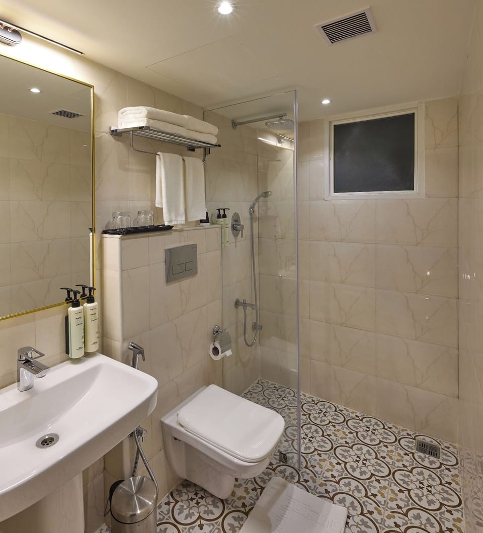 Shower, slippers, towels