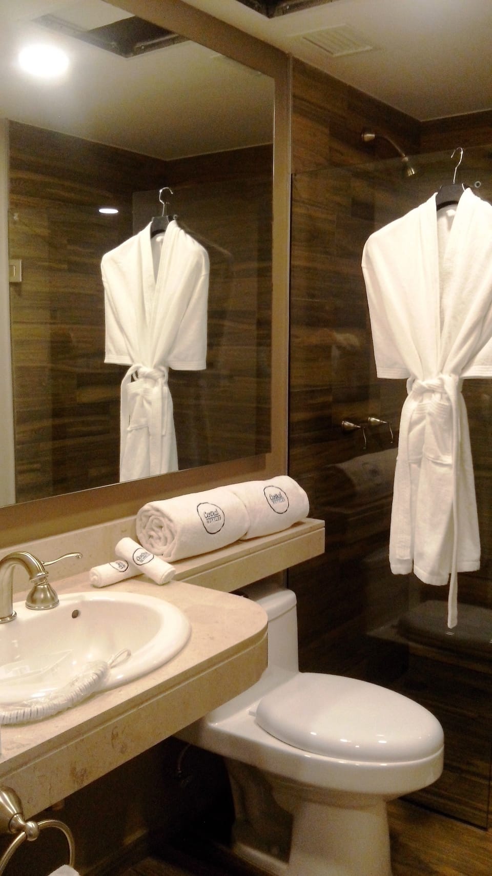 Shower, rainfall showerhead, free toiletries, hair dryer