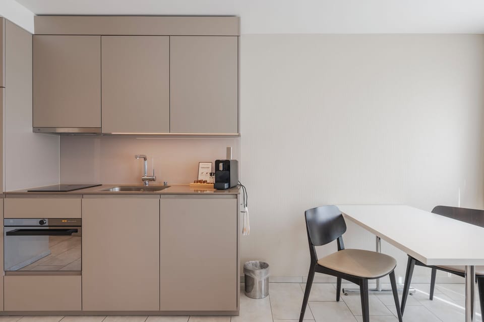 Fridge, microwave, oven, espresso maker