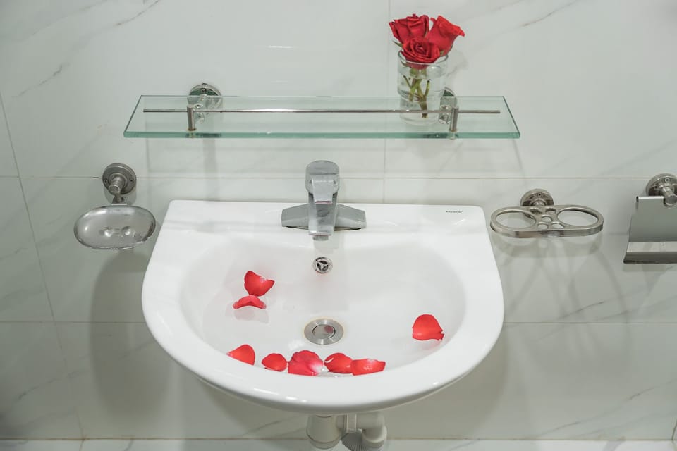 Hair dryer, towels, soap, shampoo