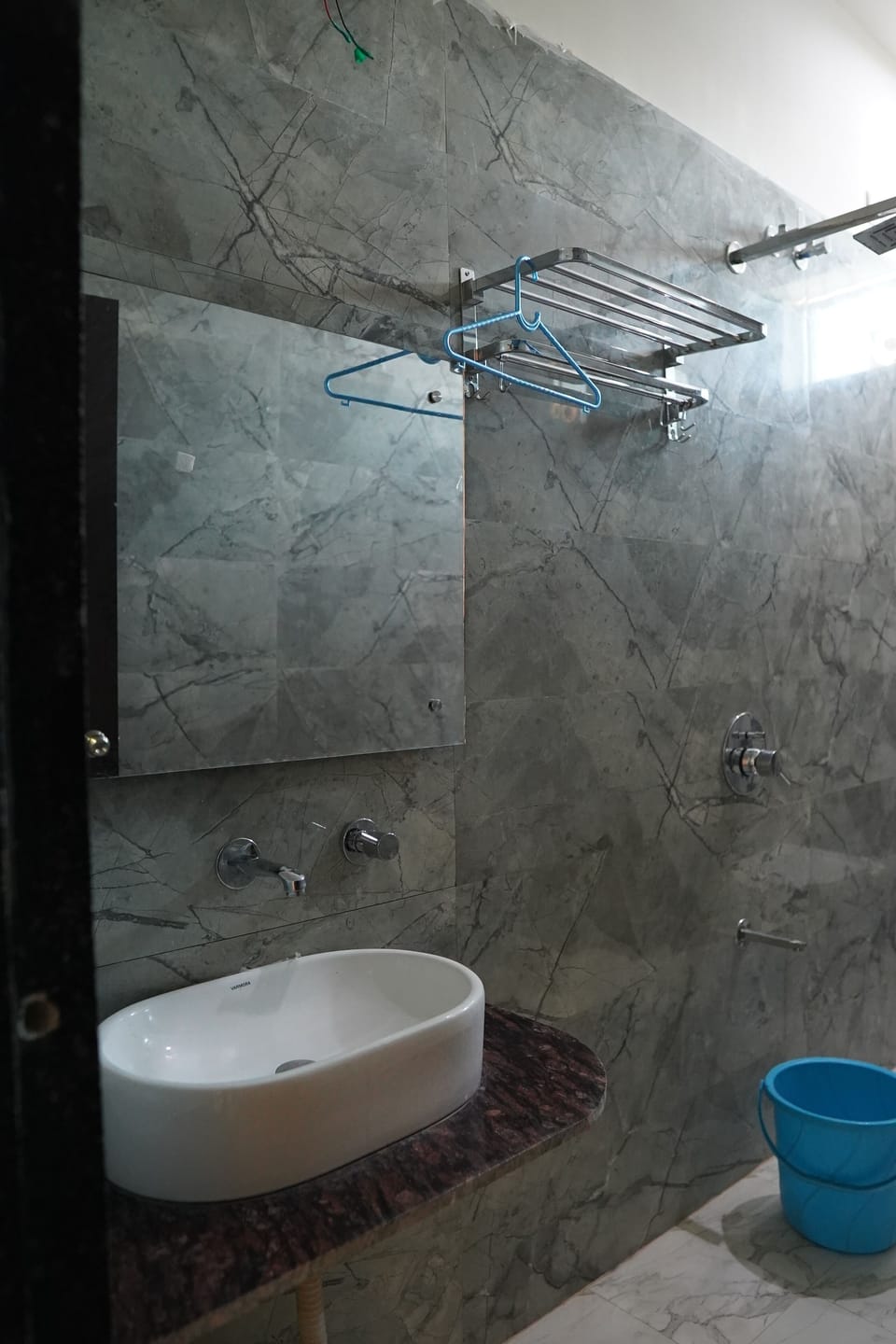 Shower, slippers, towels, soap