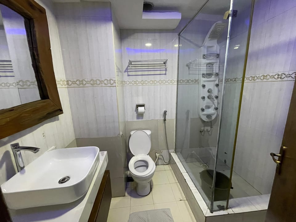 Shower, towels, soap, toilet paper