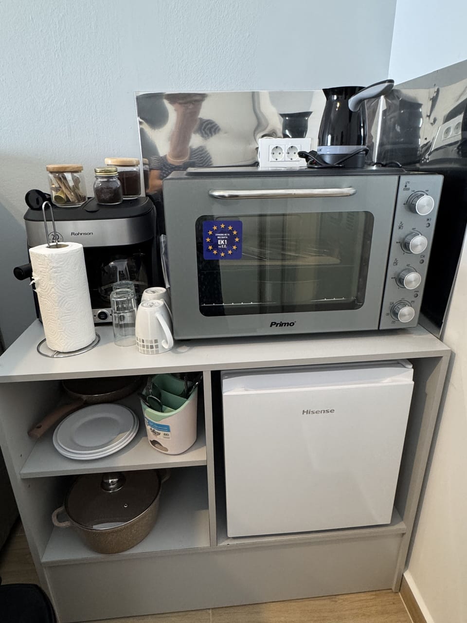 Mini-fridge, highchair, cookware/dishes/utensils