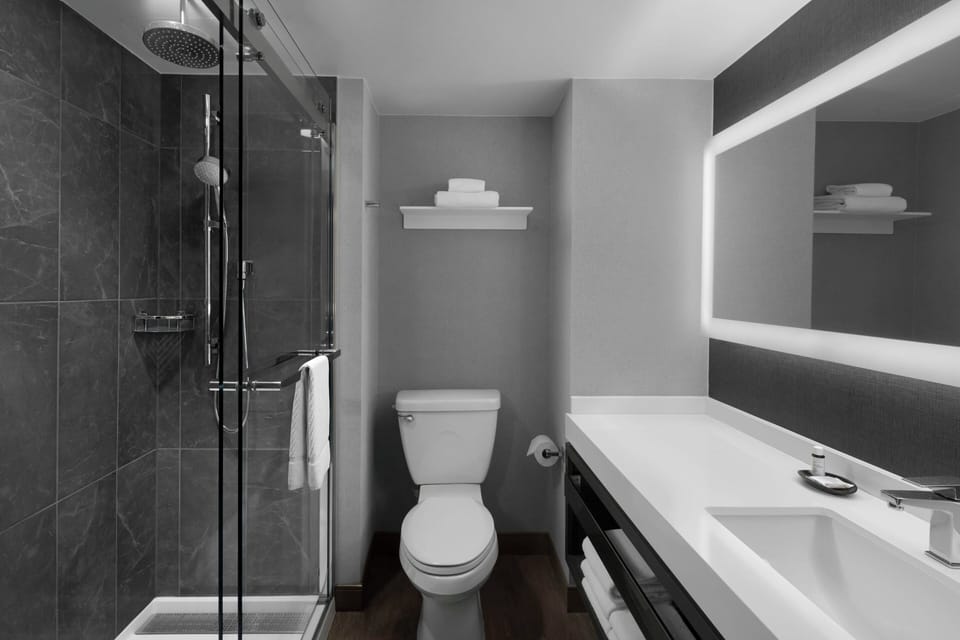 Combined shower/tub, eco-friendly toiletries, hair dryer, towels