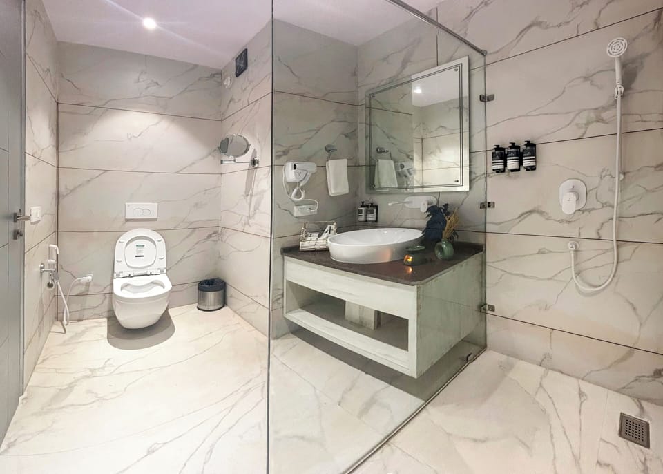 Separate tub and shower, hair dryer, slippers, bidet
