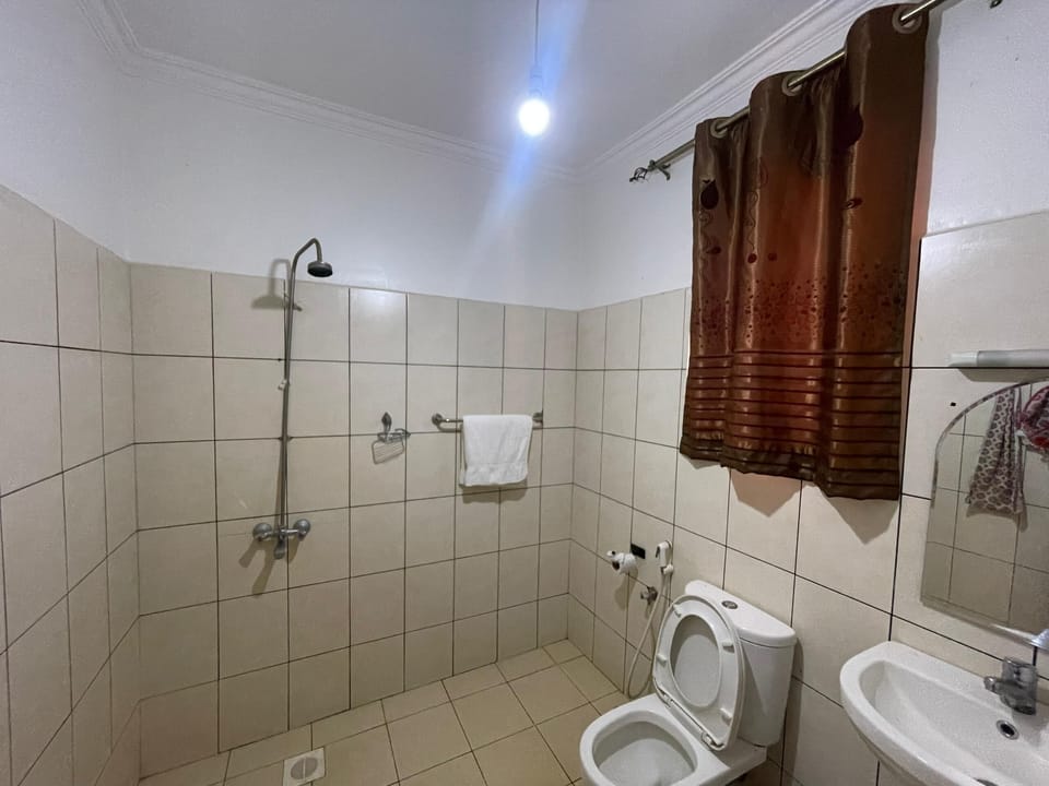 Shower, free toiletries, slippers, bidet