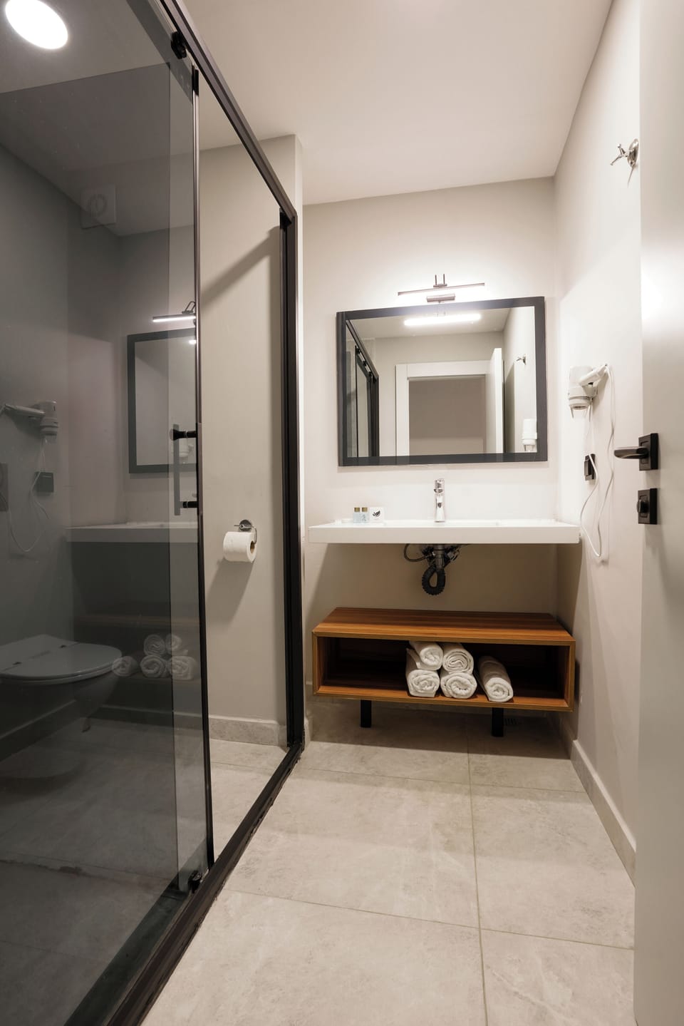 Shower, rainfall showerhead, hair dryer, slippers