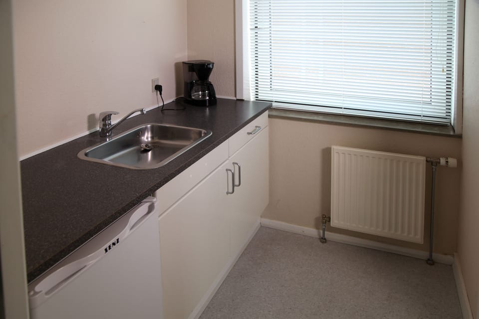 Fridge, coffee/tea maker, cookware/dishes/utensils, cleaning supplies