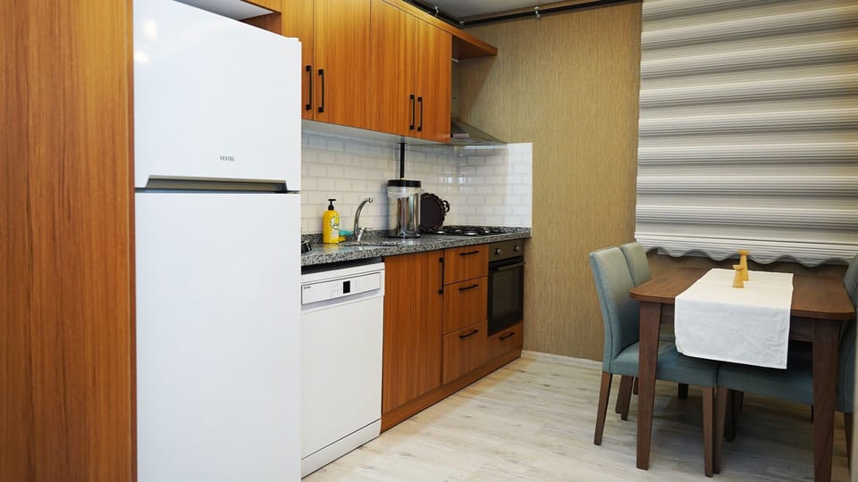 Full-size fridge, oven, stovetop, dishwasher