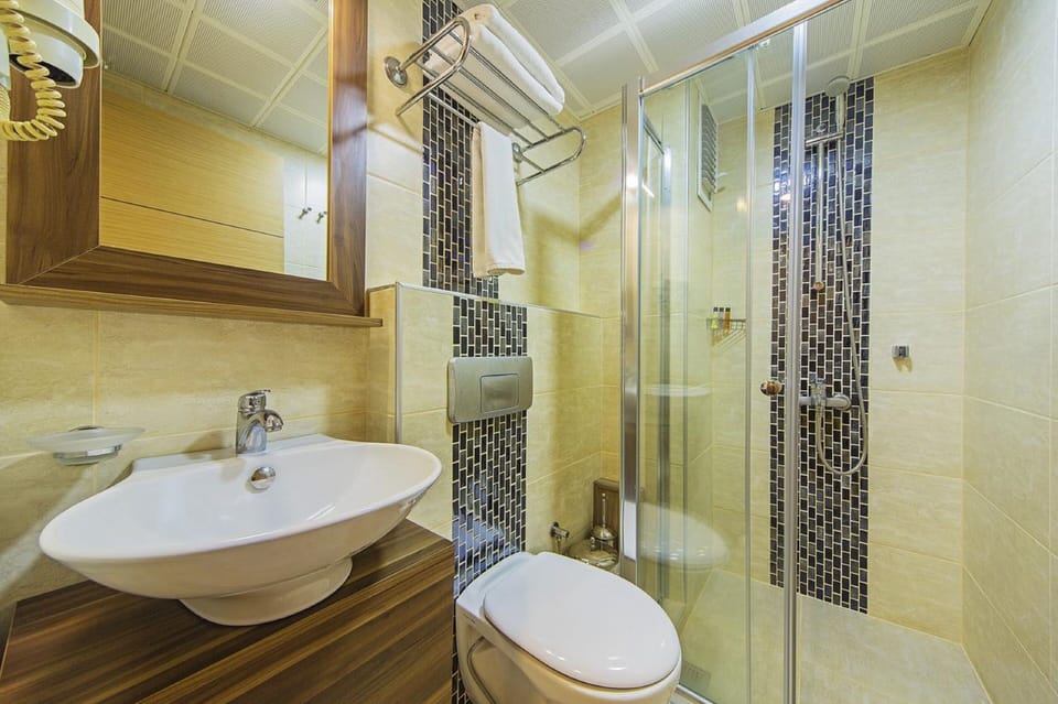 Shower, free toiletries, hair dryer, towels