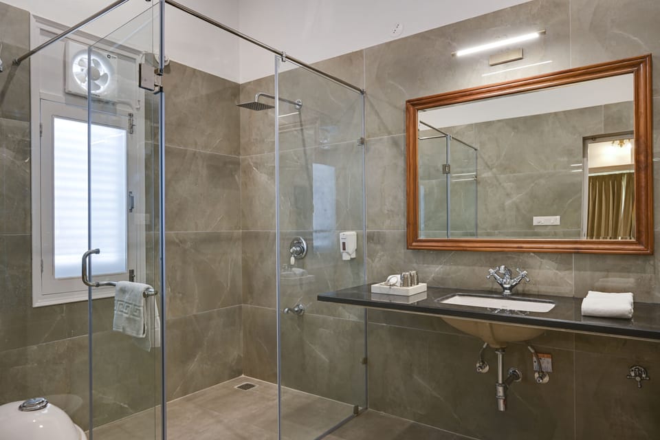 Shower, eco-friendly toiletries, hair dryer, towels
