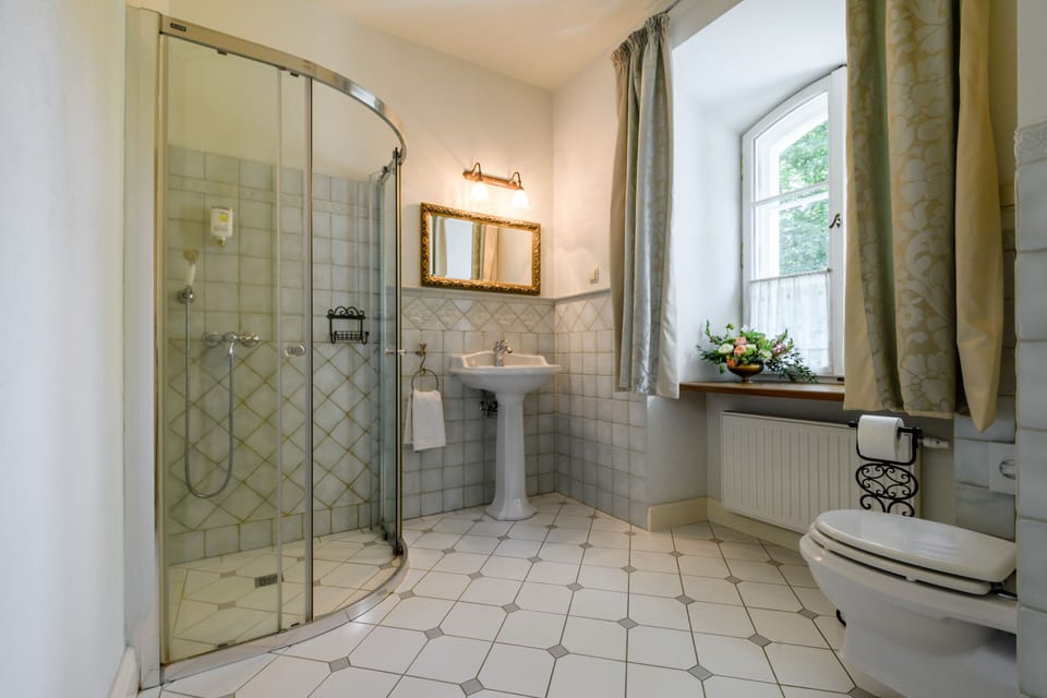 Hair dryer, towels, soap, shampoo