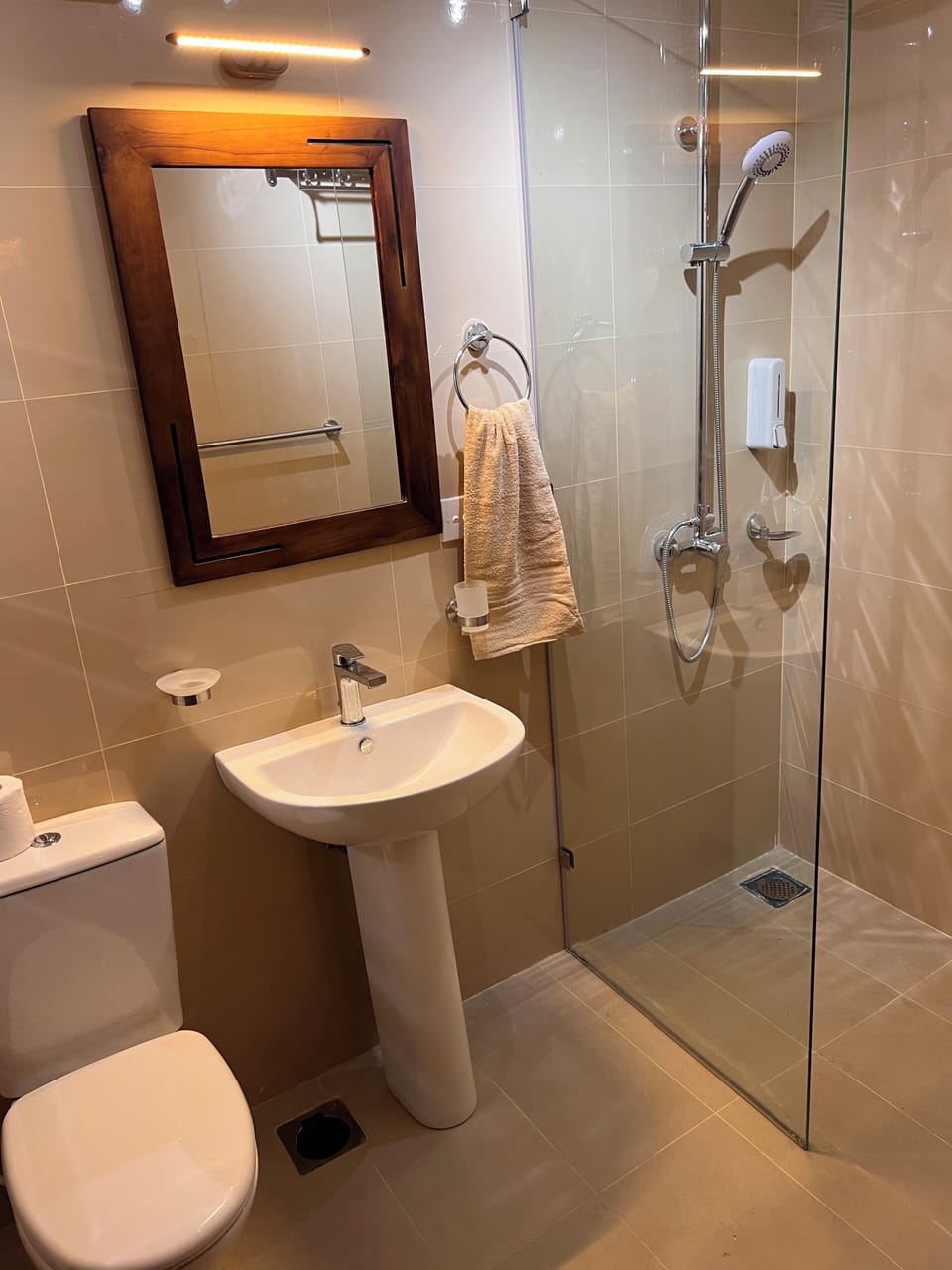 Shower, free toiletries, towels, soap