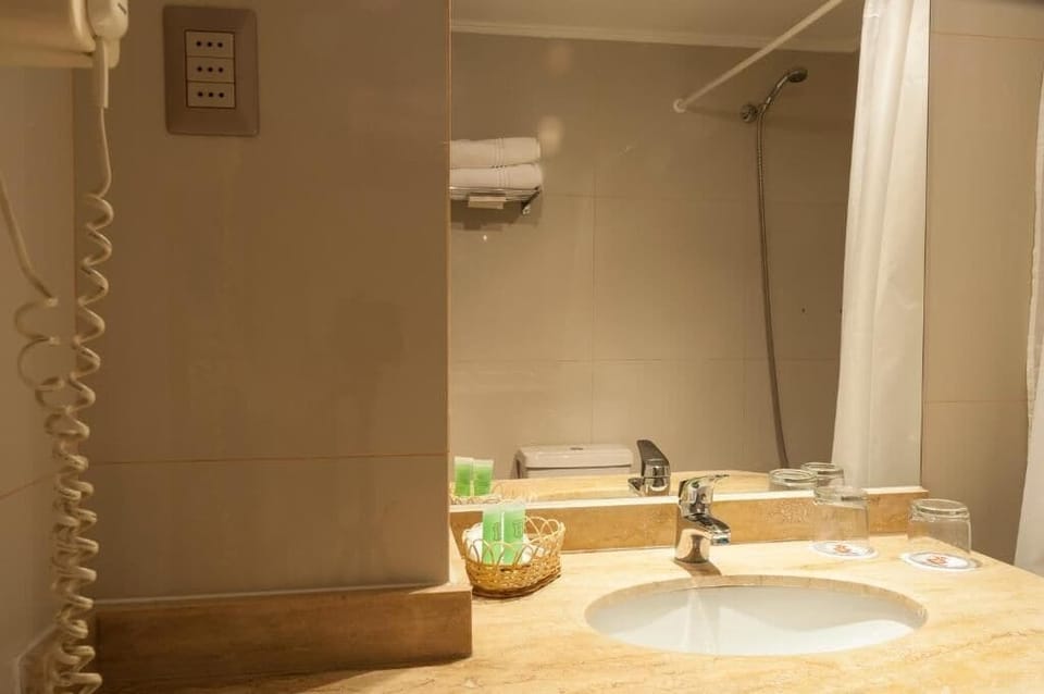 Hair dryer, towels, soap, shampoo