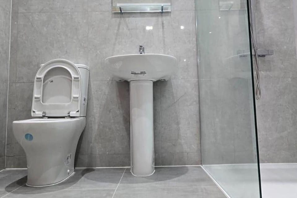 Shower, towels, toilet paper