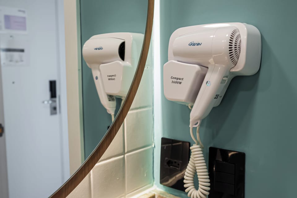 Shower, free toiletries, hair dryer, towels