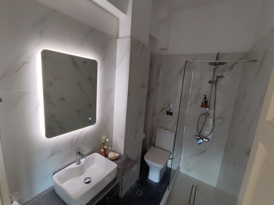 Shower, hair dryer, towels, shampoo