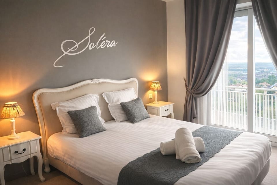 Premium bedding, desk, laptop workspace, blackout drapes