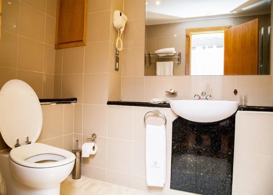 Combined shower/tub, free toiletries, hair dryer, towels