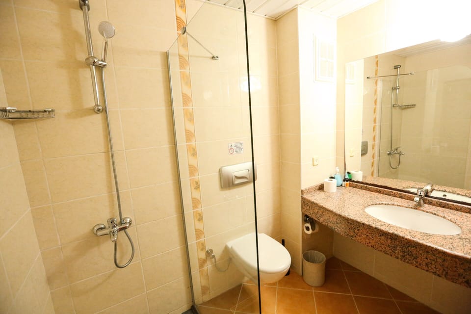 Shower, hair dryer, slippers, towels