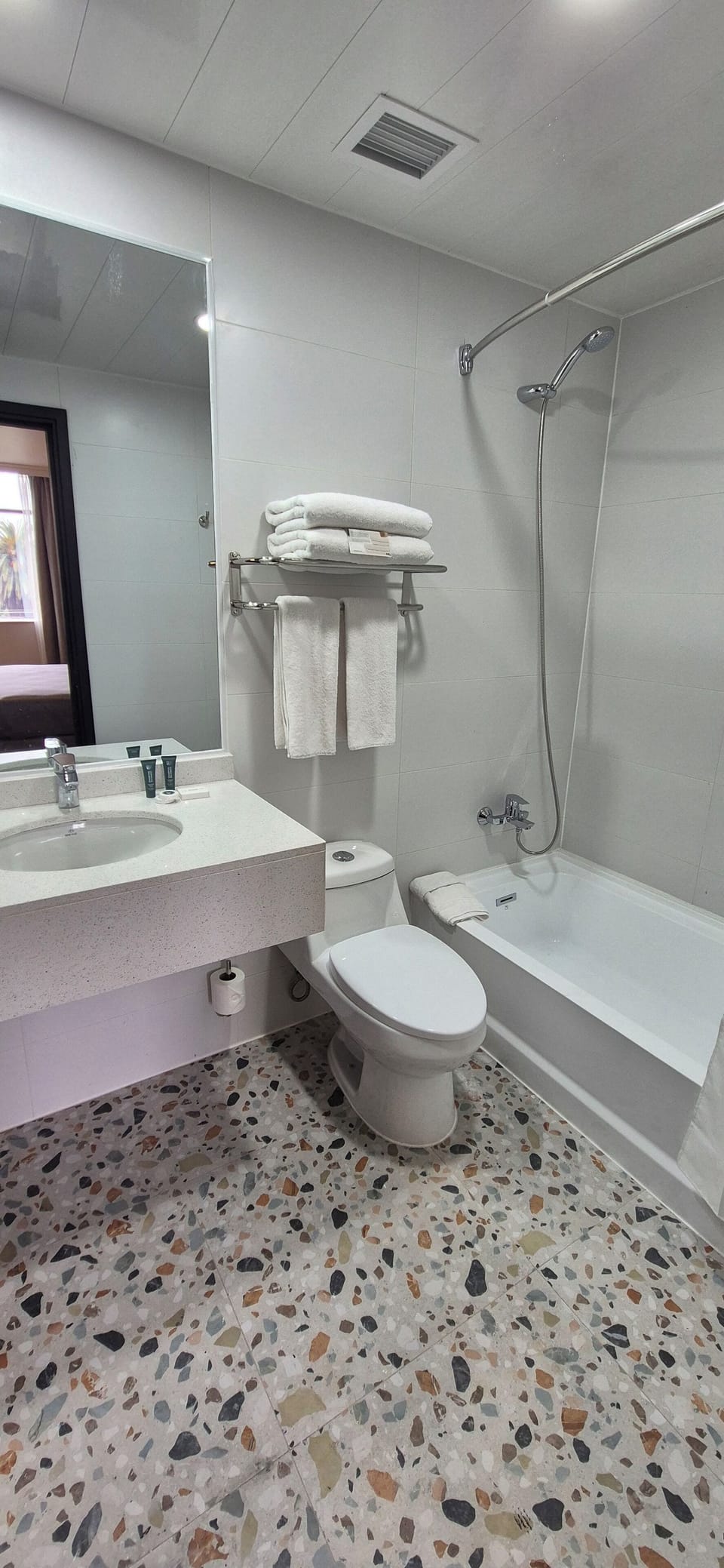 Bathtub, hair dryer, towels, soap