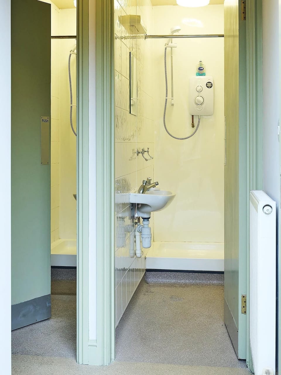 Shower, towels, soap, toilet paper
