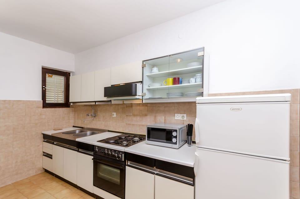Apartment (A1) | Private kitchen | Fridge, microwave, oven, stovetop