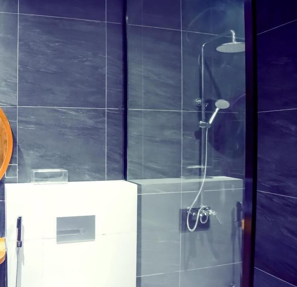 Shower, bathrobes, towels, soap