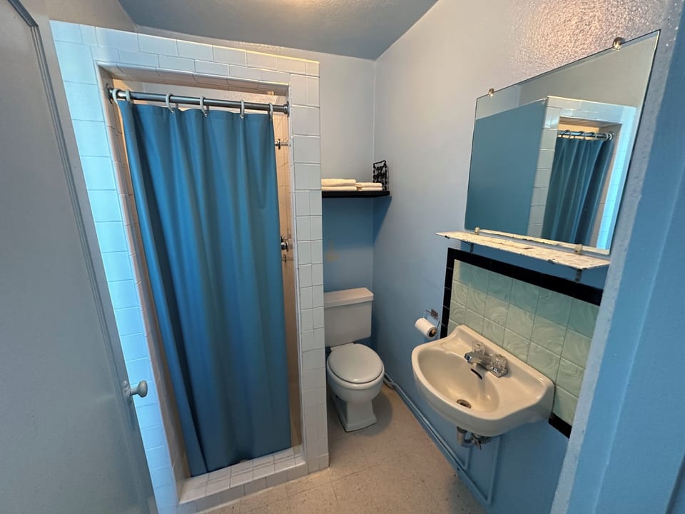 Shower, towels, soap, shampoo