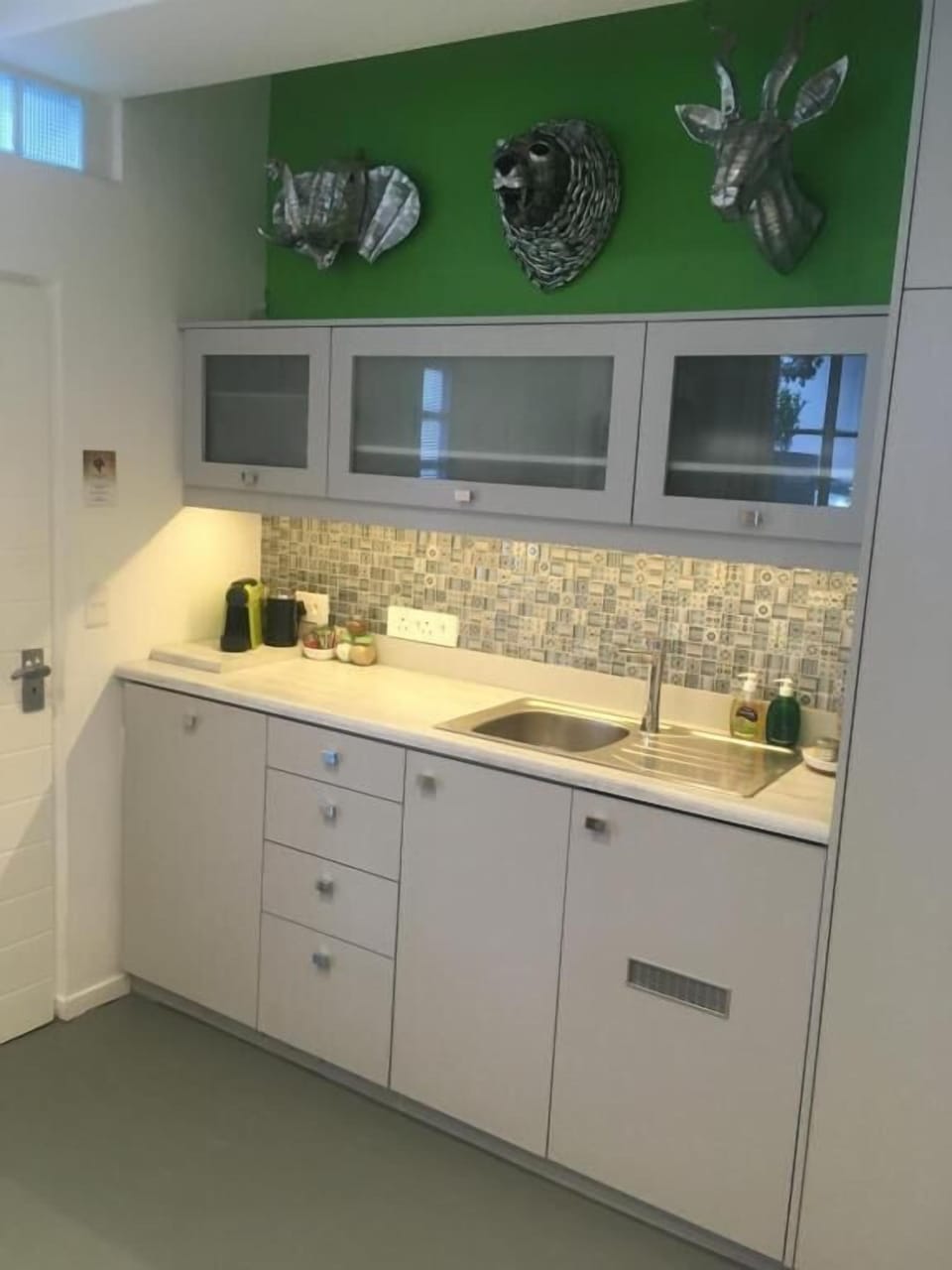 Mini-fridge, microwave, espresso maker, electric kettle