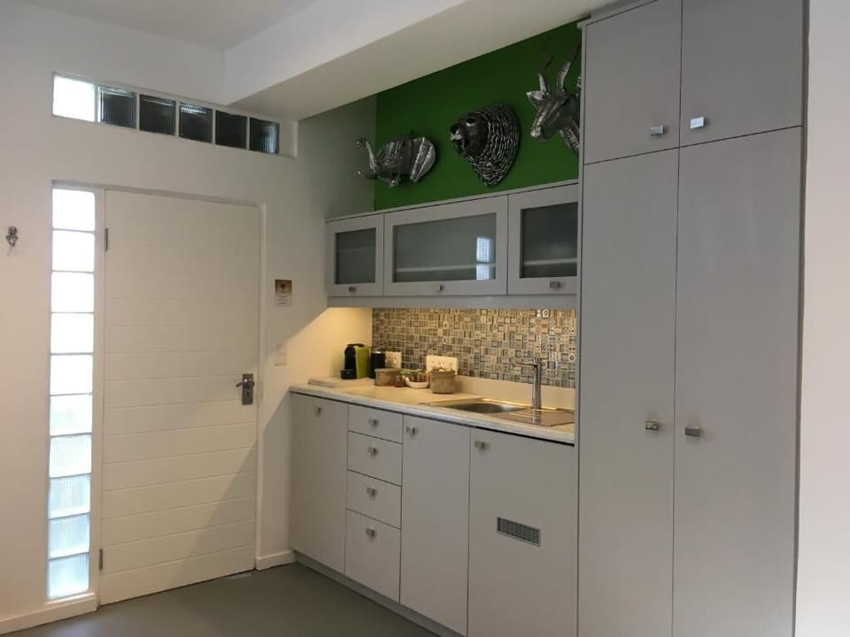 Mini-fridge, microwave, espresso maker, electric kettle
